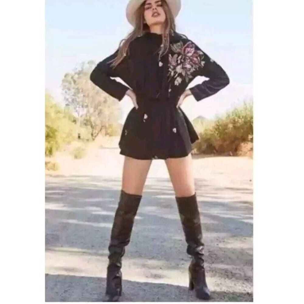 Free People Gemma Black Embroidered Floral Tie Open Back Tunic/Mini Dress Sz S‎